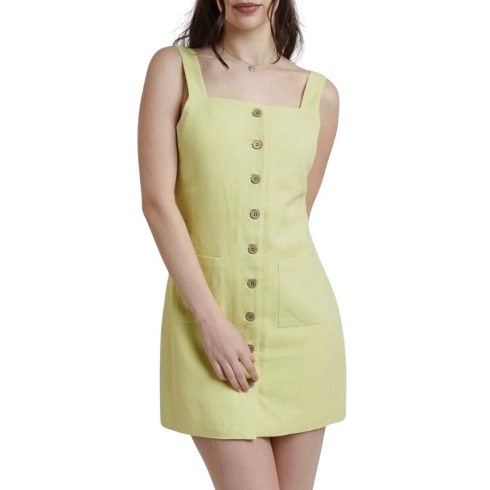 Linen Pinafore Dress NEW Womens XLβ Yellow Button Down Layer Jumper Square Neck